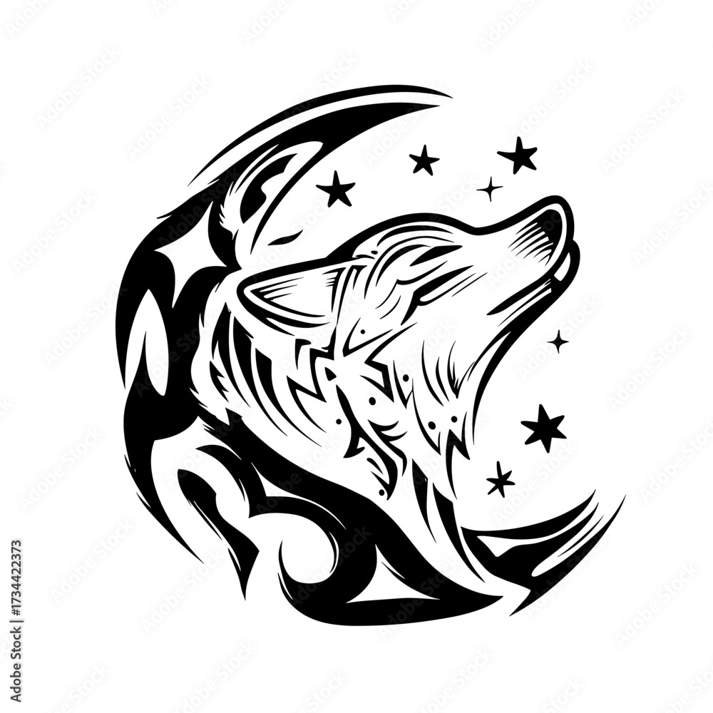 Obraz premium A minimalist black and white line art illustration of a howling wolf with intricate curves,