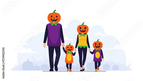 Halloween Family: A family dressed in festive pumpkin costumes strolls together, capturing the spirit of Halloween. A joyous.