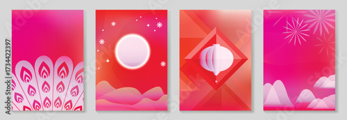 Chinese New year poster design vector set. Modern new year red card with lantern, fan, moon, mountain, firework. Illustration for flyer, brochure, social media, banner, envelope, ads.