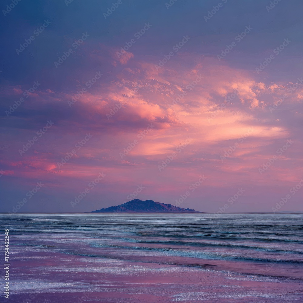 Fototapeta premium Island at sunset; vivid pink & purple hues