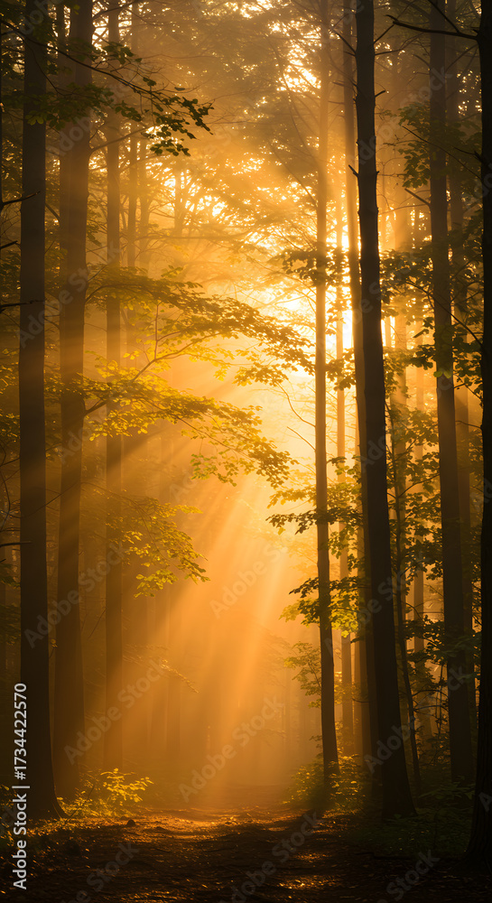 Fototapeta premium Sunlight Streaming Through Dense Forest Canopy Creating Ethereal Glow.