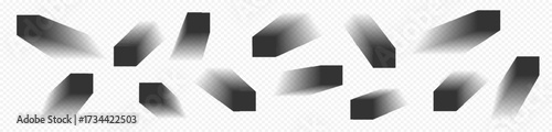 Square and rectangle box shadow effects. Realistic overlay and transparent shadows vector set, shades falling from objects on floor with soft black edges and dark corners, transparent background