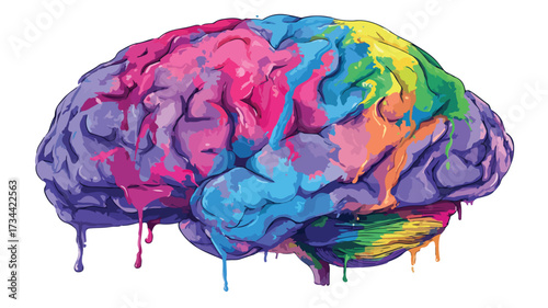 Vibrant Human Brain with Colorful Paint Strokes on White Background