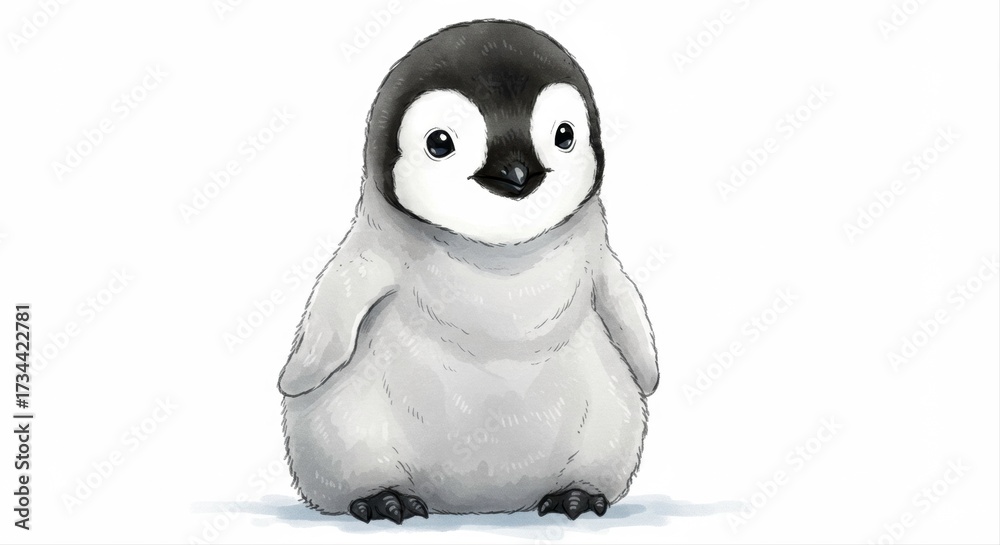 Fototapeta premium Adorable Emperor Penguin Chick Illustration on Clean White Background Art Style