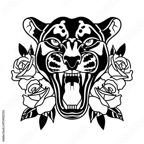 A bold black and white vector illustration of a roaring leopard surrounded by intricate floral outlines,