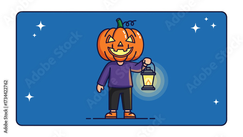 Spooky Lantern: a cartoonish depiction of a figure with a pumpkin head holding a lantern, on a dark blue backdrop with white stars, suitable for Halloween decor and playful holiday designs. 