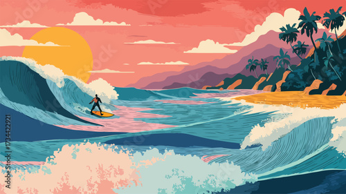 Dynamic Surfing Scene with Colorful Waves Vector Illustration