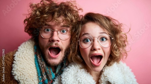 A surprised young couple with curly hair and glasses express joy, excitement, and admiration in front of a pink backdrop, capturing a moment of happiness and connection.