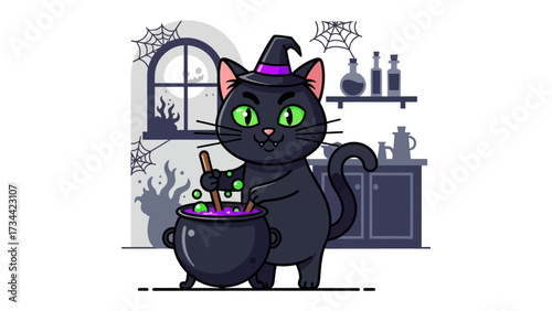 Halloween Witch Cat Crafting Potion: A charming illustration depicts a black cat dressed as a witch stirring a magical potion in a cauldron, decorated with cobwebs and spooky elements.