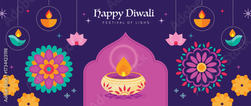 Happy Diwali light festival background vector. Diwali festival wallpaper design with lantern, floating lights, firework. Culture Illustration design for celebration, greeting, card, ads.