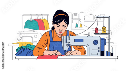 Fashioning Dreams: A skilled artisan concentrates on crafting a garment with precision, illuminated in an illustration, highlighting the essence of the sewing and textile industry.