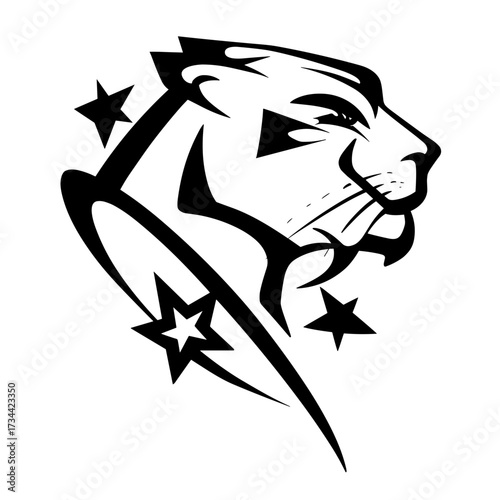 A bold tribal tattoo design featuring a roaring lion head with intricate geometric patterns and sharp line work.