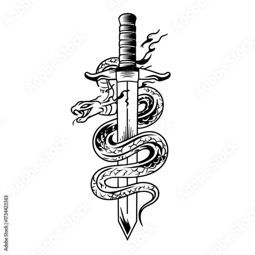 A black and white vector illustration of a stylized sword entwined with a one eyed serpent,