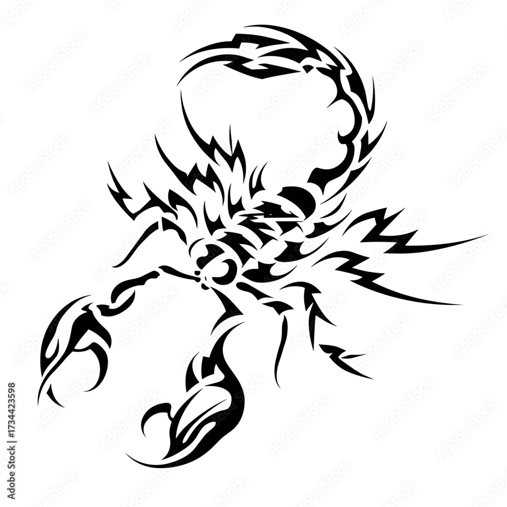 Obraz premium A stylized black and white scorpion tattoo design featuring bold sharp lines with tribal art elements raised pincers and