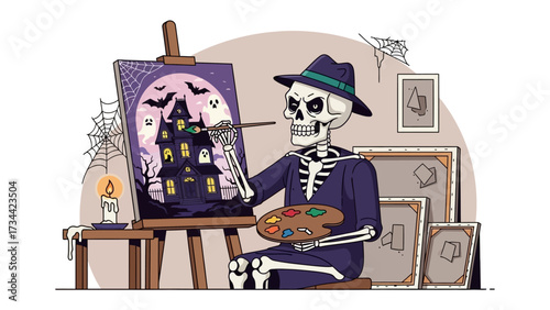 Spooky Artist: A skeletal artist, adorned in a hat, meticulously paints a spooky haunted house scene onto a canvas. Spiders and cobwebs adorn the periphery, while a lit candle casts a warm.