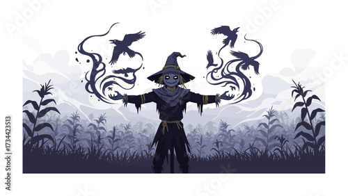 The Scarecrow's Dominion: In a sepia-toned pastoral, a scarecrow, adorned in a tattered hat, orchestrates crows, as dark emanations coil around his form.