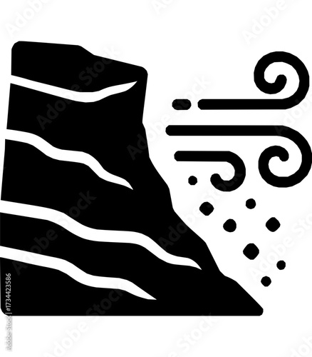 Icon showing soil mound eroded by swirling wind with particles,  erosion, landslide, weathering, or natural forces.