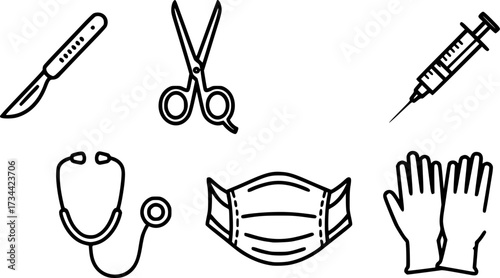 Minimalist medical icons: surgical instruments and protective gear with line art style
