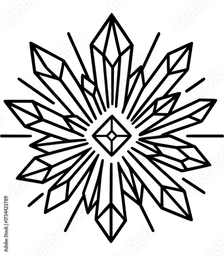 Stylized icon of geometric crystal formation, radiating outward from a central point,  energy, brilliance, or sparkle.