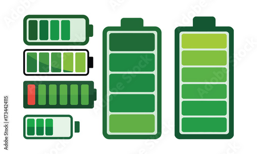 Green battery charge level indicators on white background power energy