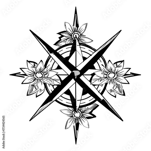 A symmetrical tattoo design features crossed bones with a looped chain, adorned by four detailed roses in the corners,