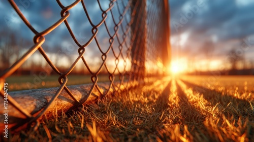 A captivating sunset illuminates the grass and tennis court fence, creating a calming atmosphere that blends nature with sports. The golden hues evoke peace and nostalgia.