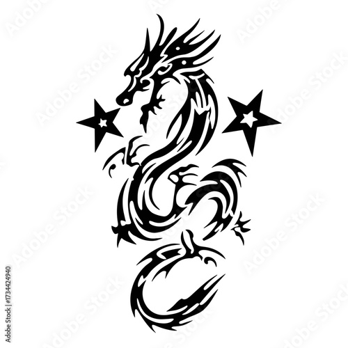 Stylized black and white dragon vector illustration with tribal geometric design, symmetrical ornate body,