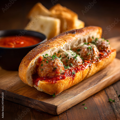 Wallpaper Mural A meatball submarine sandwich with marinara sauce on a cutting board. Torontodigital.ca