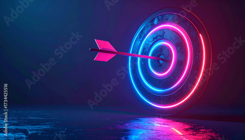 Illuminated Target with Arrow and Neon Lights on Reflective Surface