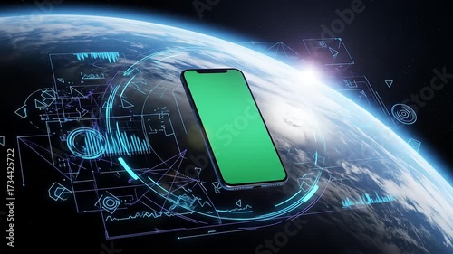 Futuristic smartphone with green screen over planet earth background.
