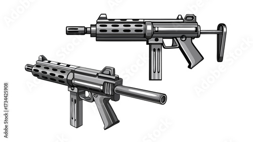 Black assault rifle and bullets isolated on white background, a dangerous military weapon for war