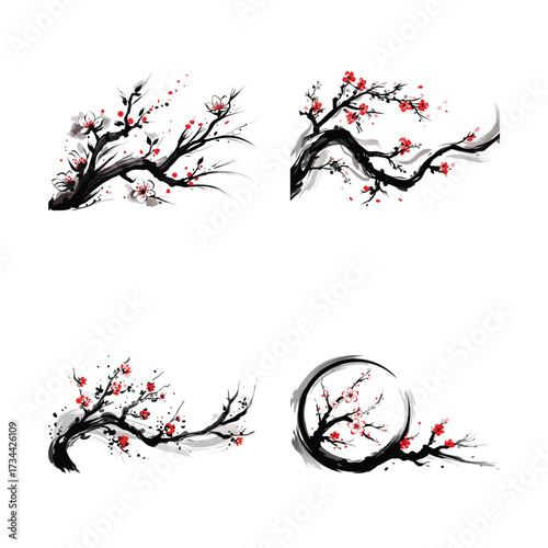 Japanese cherry blossom tree illustration in spring with a bird on a floral branch design