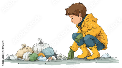 Young Boy Collecting Garbage - Environmental Awareness Concept