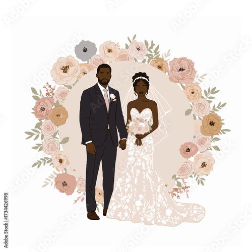 Elegant African American Wedding Couple in Floral Wreath