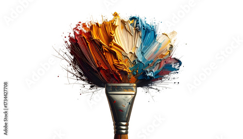 Paintbrush laden with colorful, textured paint against black background