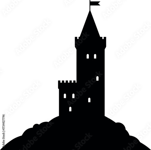 Mysterious castle silhouette on rocky hilltop dark fantasy icon vector