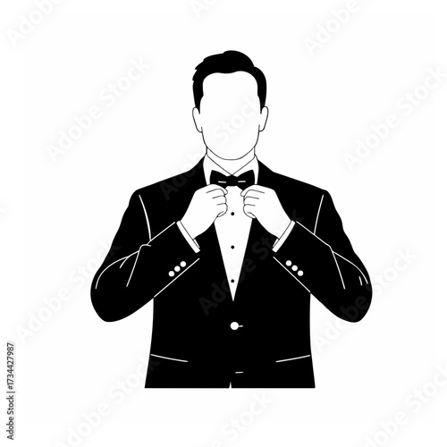 Black and White Groom Tuxedo Portrait Silhouette Adjusting Bow Tie