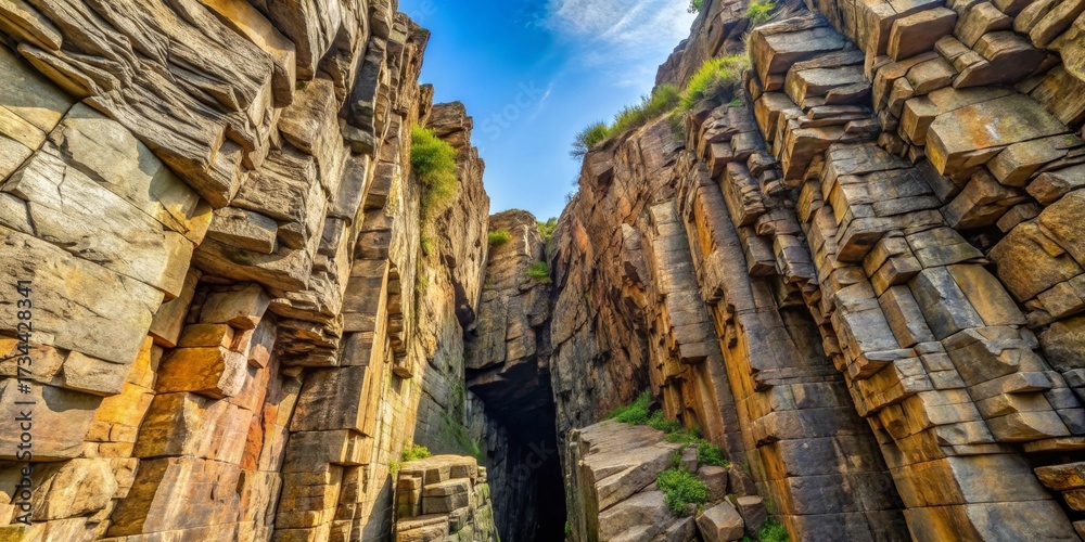 Fototapeta premium Sunlit Canyon of Geometric Stone Formations, a Natural Rock Structure with Vertical Columns and a Dark Cave Entrance