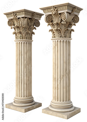 Columns pair with ornate classical capitals and fluted marble shafts on a transparent background, detailed architectural monument for design,