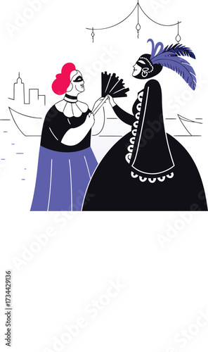 Two masked figures in venetian attire holding fans by a canal