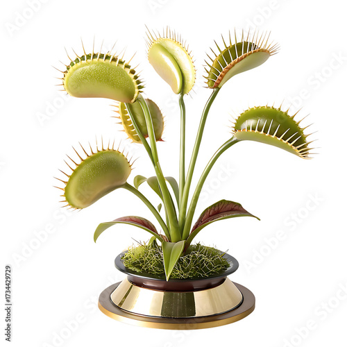 Venus flytrap plant in pot carnivorous plant with open traps and sharp teeth on black background studio shot