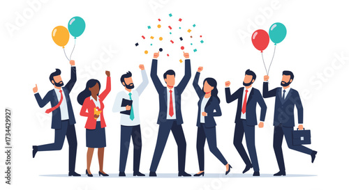 Diverse Business Team Celebrating Success with Confetti and Balloons, Vector Illustration
