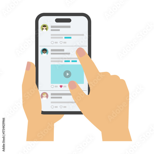 フラットイラスト：スマホ画面とスクロールする手(sns)