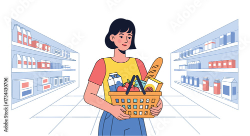 Woman shopping at supermarket with basket full of food illustration
