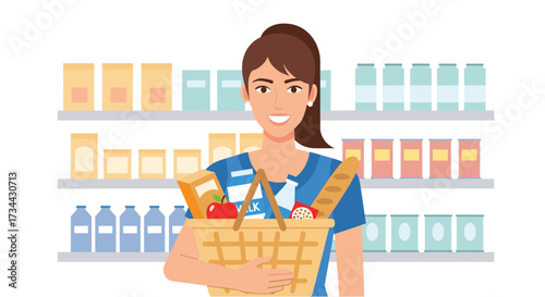 Woman Holding Grocery Basket in Supermarket Cartoon Illustration
