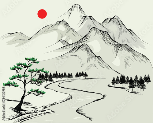 Vector illustration of a cold winter mountain landscape with snow, trees, and fog under a cloudy sky