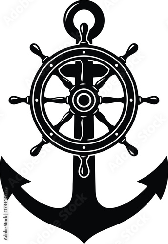 Nautical anchor and ship s wheel silhouette emblem