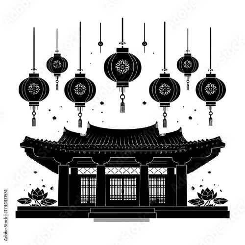 Silhouetted Asian architecture with hanging lanterns decoration