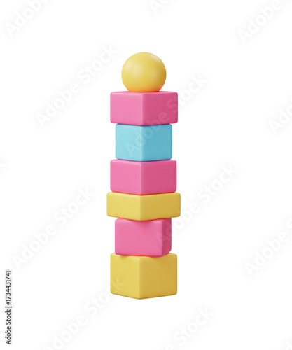 Stack of Colorful Toy Blocks and Ball Isolated on White Background
