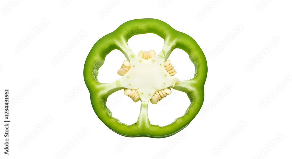 Obraz premium Fresh vibrant green bell pepper slice cross section healthy vegetable food ingredient isolated PNG with Transparent Background